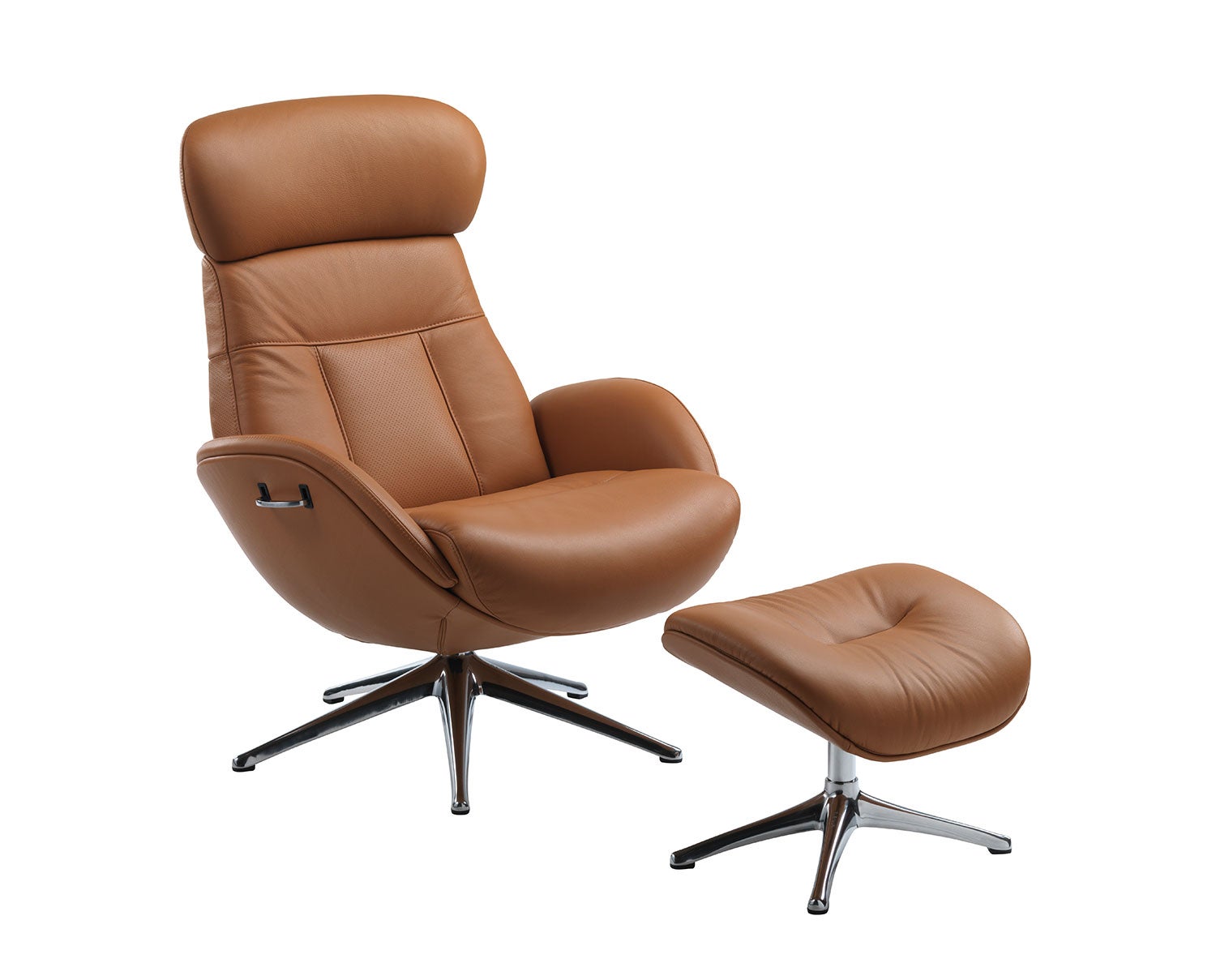 Elegant Lænestol med fodskammel i læderet Dakota Modern Cognac Brown med ben i poleret aluminium